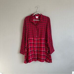 J. Jill Red Plaid Button-Up Tunic Shirt Large
